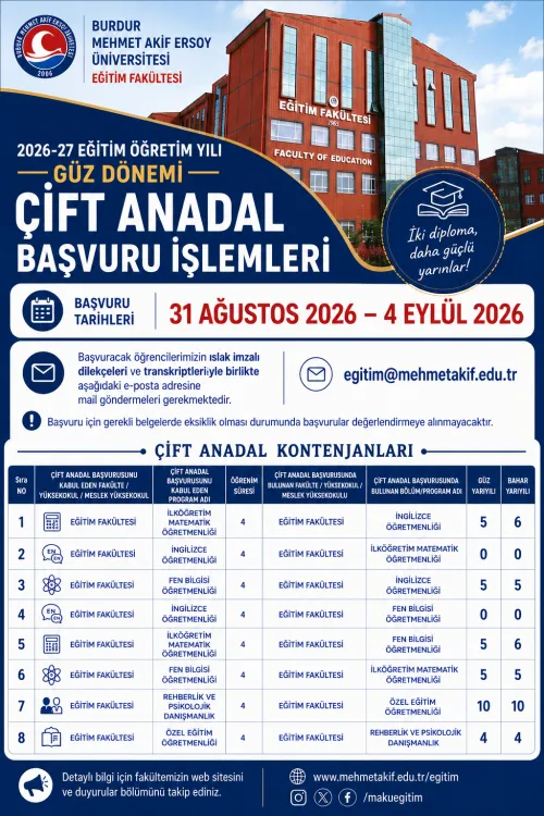 2026-2027 Eğitim Öğretim Yılı Güz Dönemi Çift Anadal Başvuruları Başladı