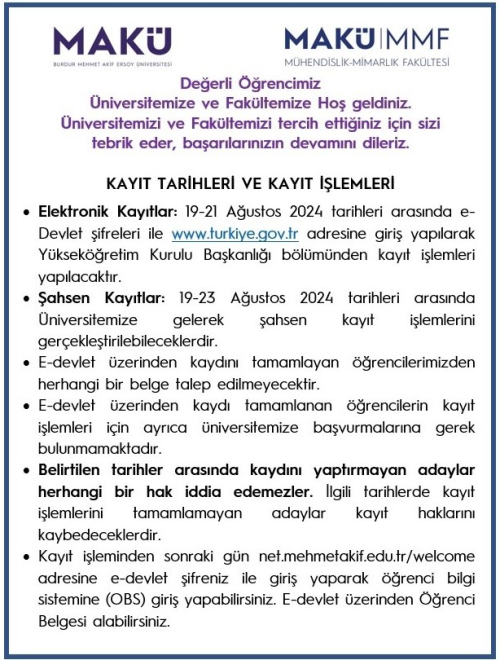 Kayıt Tarihleri ve Kayıt İşlemleri